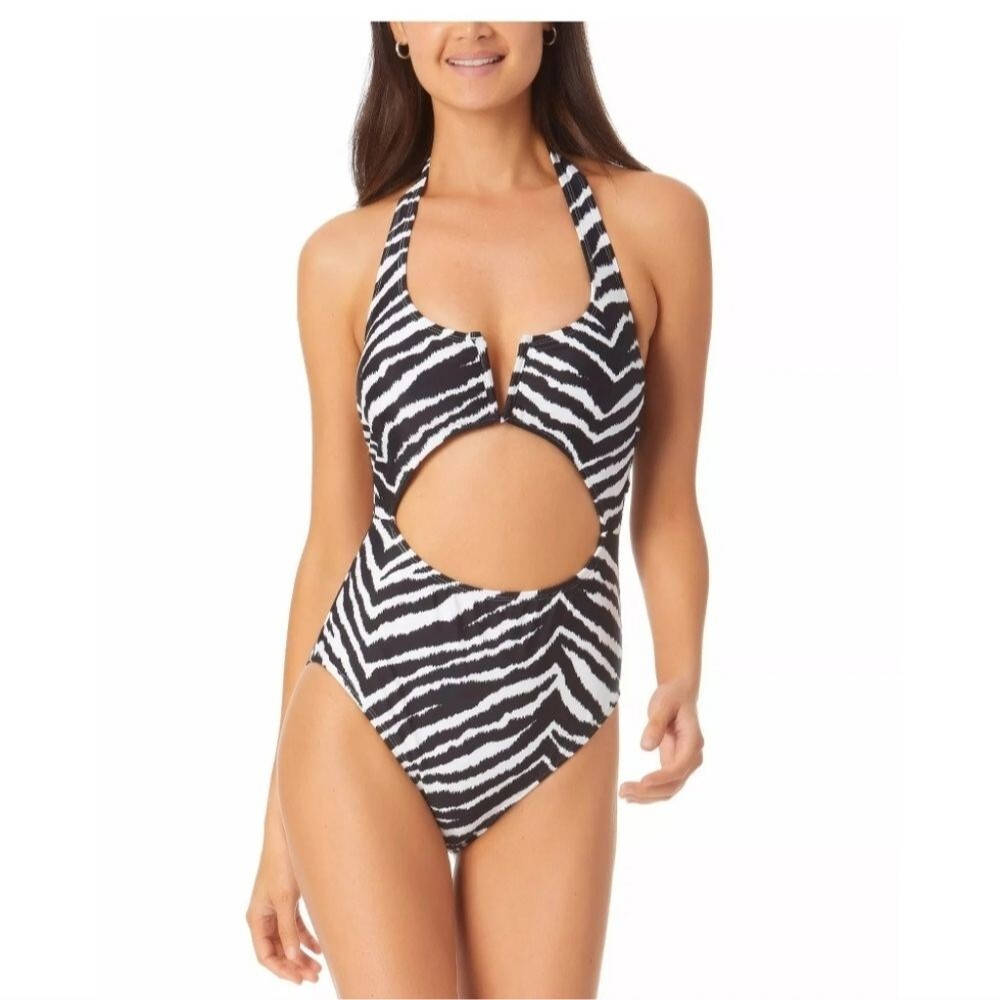 California Waves Juniors Zebra Print Cutout One Piece Swimsuit Black Size Large